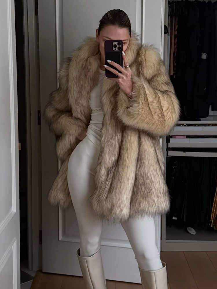 Manteau en fourrure de renard moelleux à revers monochrome pour femme, veste dégradée surdimensionnée, pardessus en fourrure pour femme, manches longues, mode élégante, optique d'hiver chaude