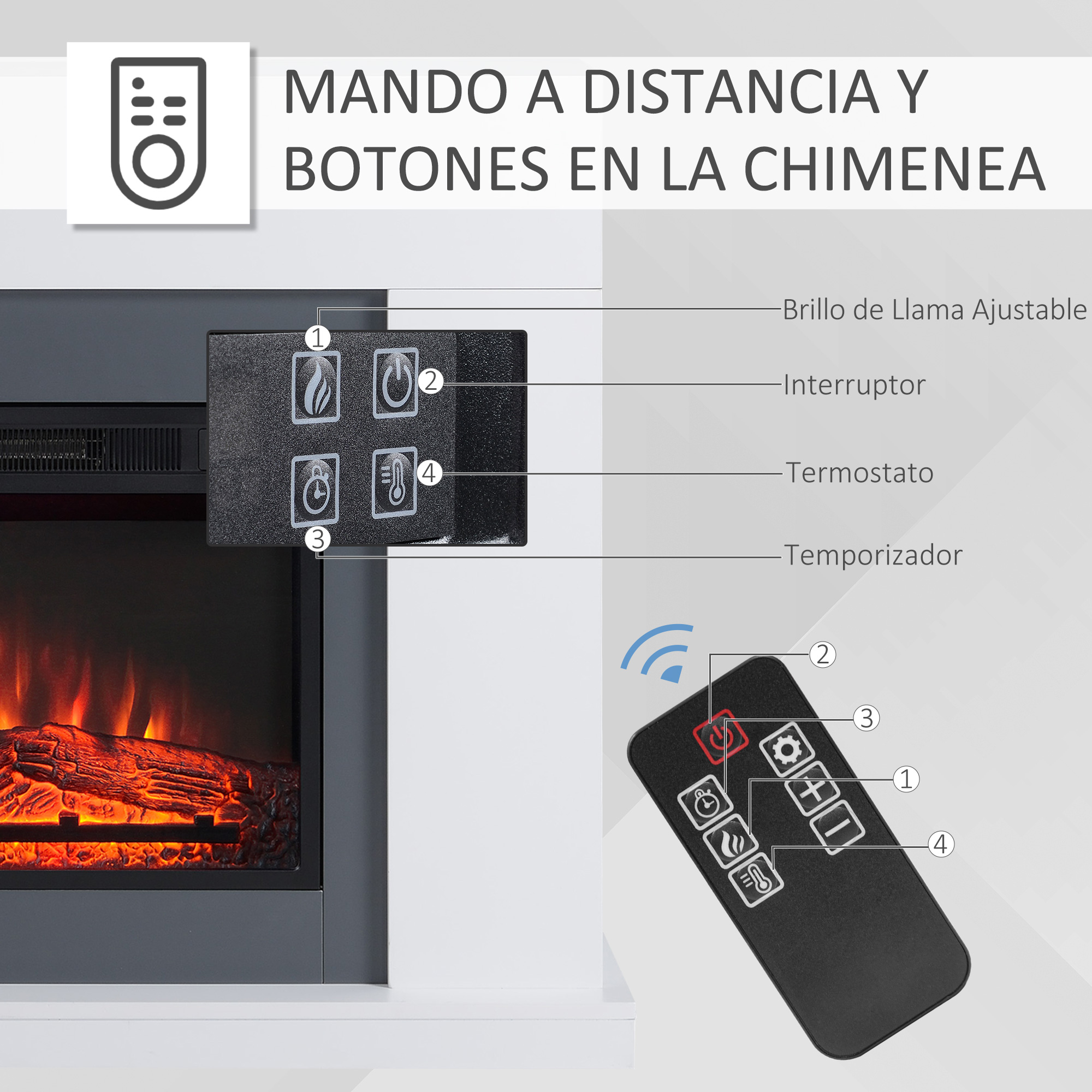 HOMCOM-Chimenea Eléctrica con Mando, Llama Ajustable, Termostato, 1800W-2000W