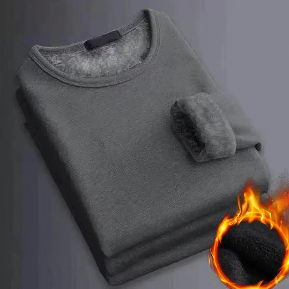 Camiseta térmica de manga larga para hombre, camisa de fondo de lana, camisa de cuello redondo, camiseta acolchada de terciopelo a la moda, invierno