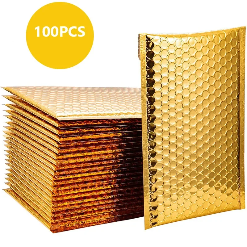 100 Stück goldene metallische Luftpolstertaschen, Folienblasen, wasserdichte, aluminisierte Posttaschen, Geschenkverpackungen, gepolsterte Versandumschläge