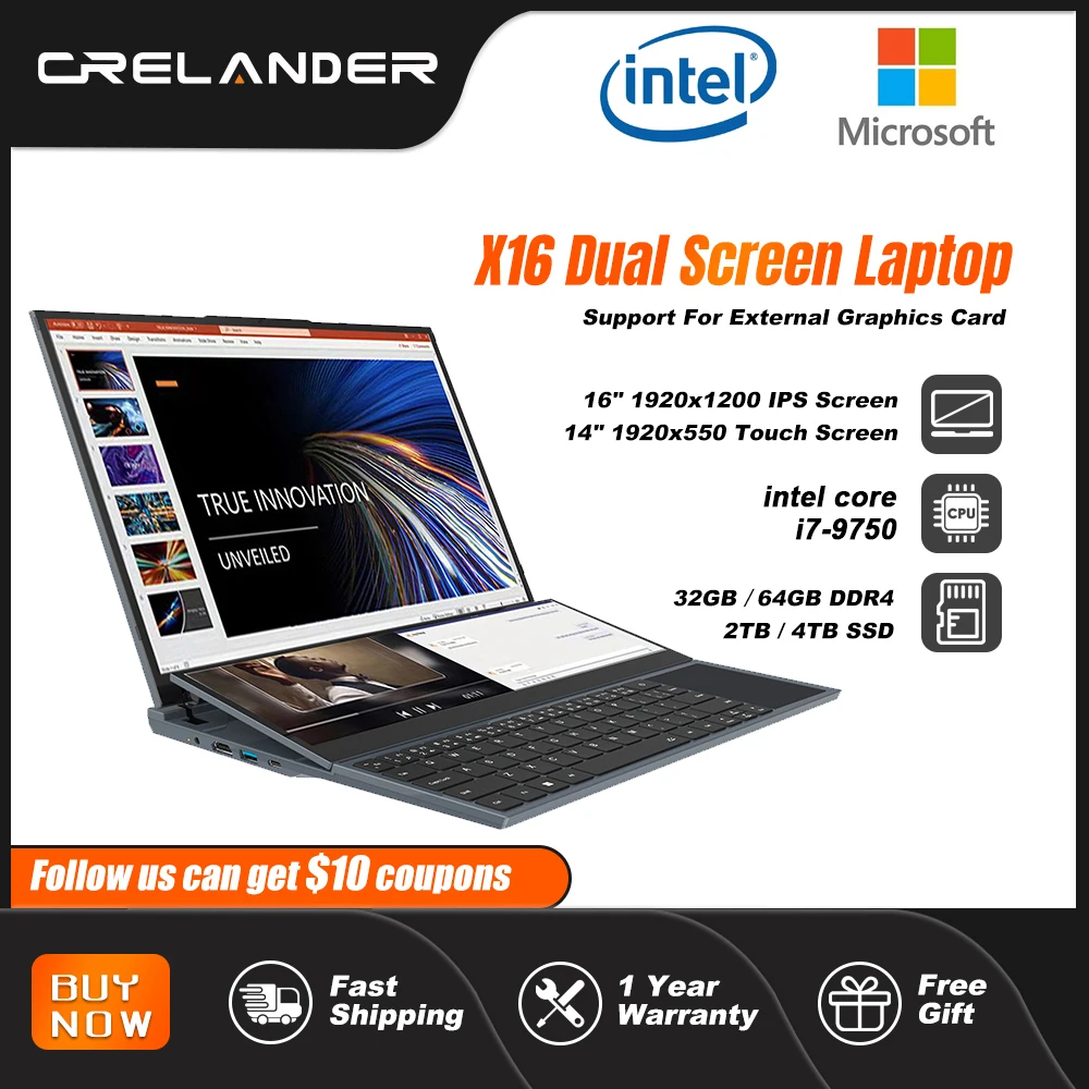 CRELANDER X16 Ноутбук с двойным экраном 16 дюймов + 14 дюймов сенсорный экран Intel Core I7 10750H Windows 11 портативный ПК ноутбук компьютер