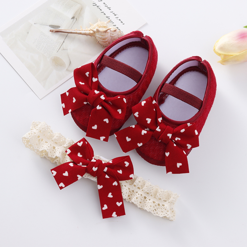 Niedliche Schleife-Schuhe mit Haarband für Babys, Kleinkinder, weiche Schuhe, Kleinkinder, Wanderer, bedruckt, Prinzessinnenschuh, erste Wanderer