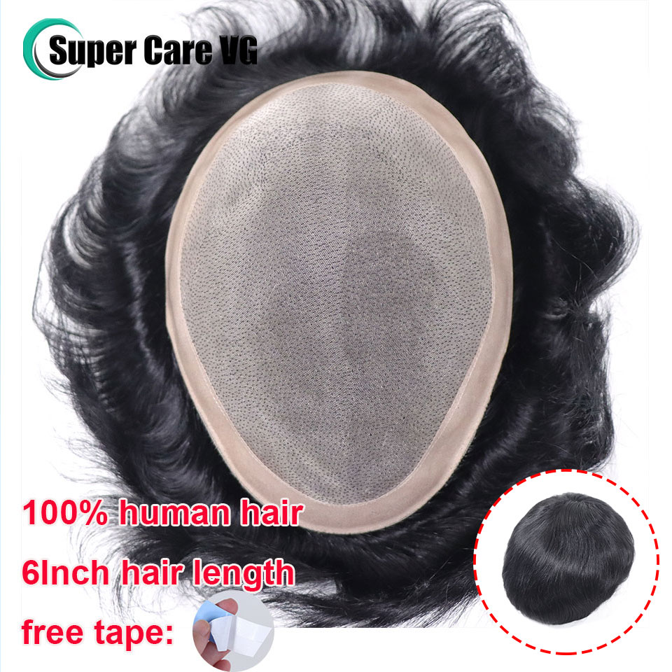 6*8/ 6*9/ 7*9 Mono fin respirant avec toupet en PU pour hommes # 1B 6 pouces perruque pour hommes toupet de cheveux humains systèmes de remplacement pour hommes unité perruque