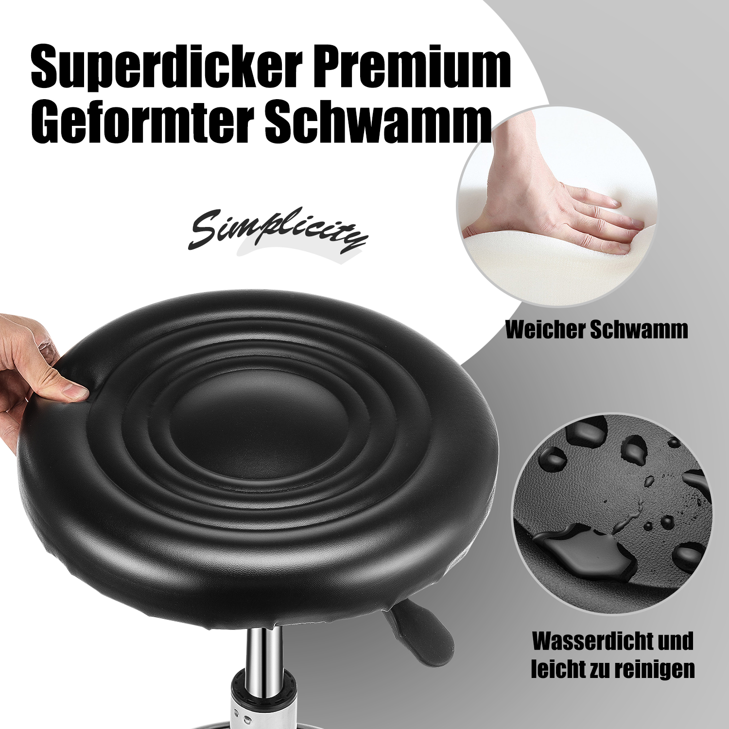 Rollhocker Arbeitshocker Drehhocker Höhenverstellbar 360° Drehbar Bürohocker Drehhocker für Büro Salon Massage Spa( Schwarz )