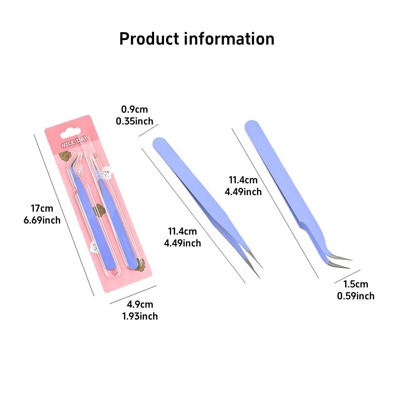 2pcs Tweezers Set Precise Standard Stainless Steel Macaron Color Pointed & Curved for Tapes Stickers Home DIY Art A7698