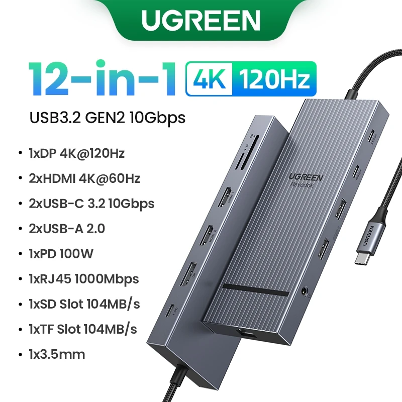 UGREEN 12-в-1 USB-концентратор Type-C к 2HDMI 4K120 Гц DP USB3.2 10 Гбит/с SD/TF RJ45 PD100W для MacBook Dell HP Аксессуары для ноутбуков Док-станция