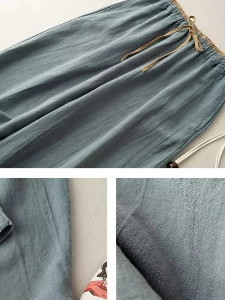 Pantalon de transport rétro, version coréenne, style minimaliste, pantalon décontracté à jambes larges en coton et lin, jambe droite ample suspendue pour femmes