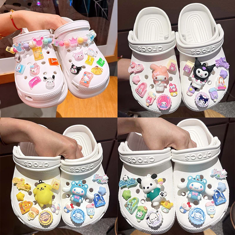 Nieuwe Sanrio Kuromi Cinnamoroll Melodie Pochacco Pompompurin LED Accessoires Gat Slipper Gespen Set Cartoon Kawaii Geschenken
