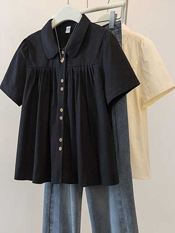 Csa Fena Plus Size de Manga Curta para o Verão, Estilo Slimming que Disfarça o Corpo, Simples e Solta, Gola  em Co...