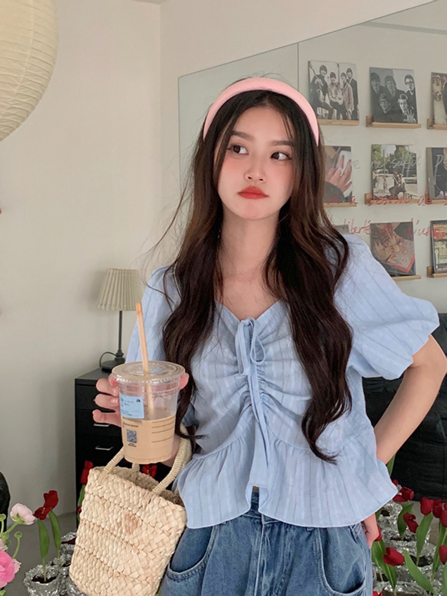 Csa Fena Plus Size de Cor Pura com Cinto e Mangas Curtas Psadas, Estilo Solto de Verão, Decote em V Versátil