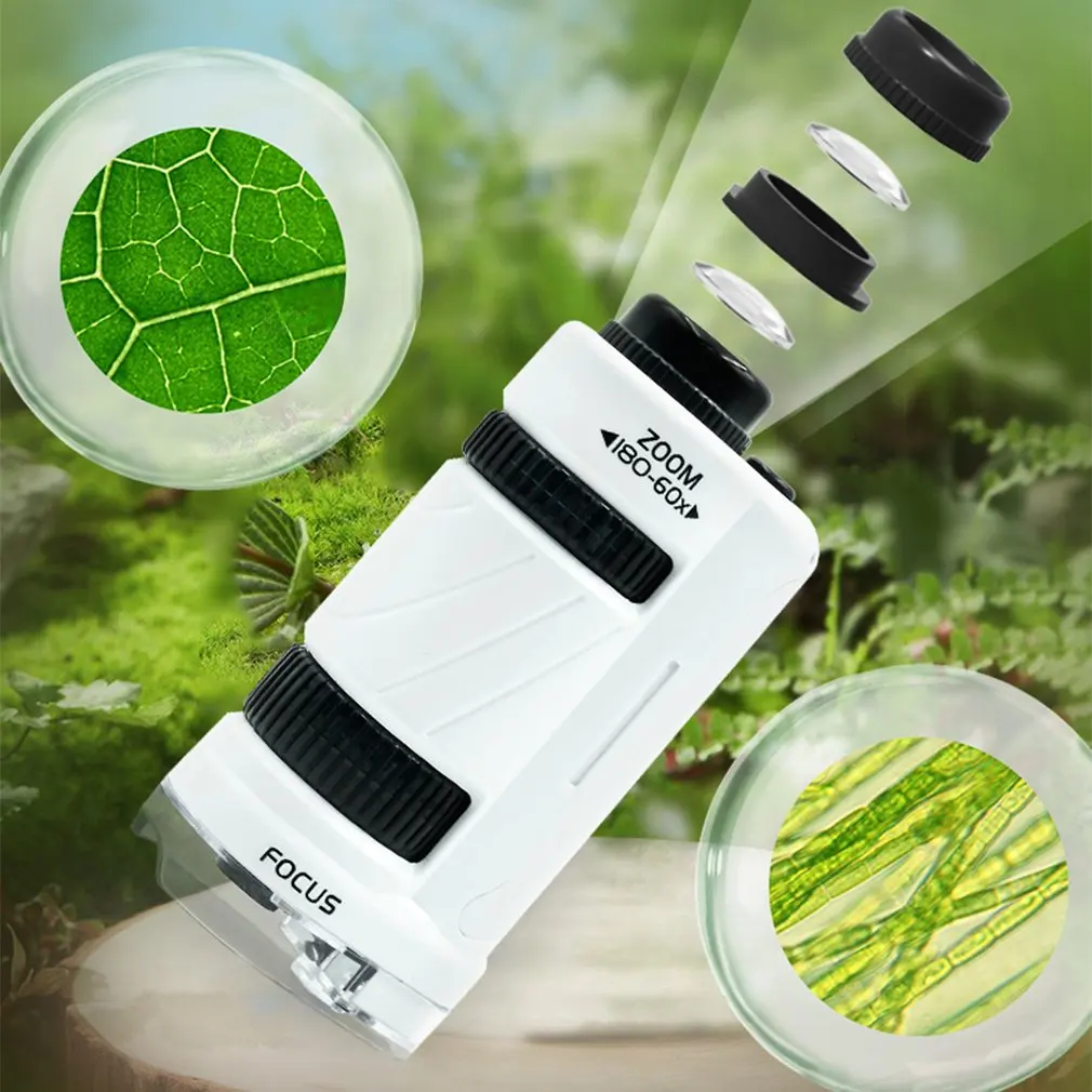 60-180x Handheld Microscope Science Experiment Set with LED Light Kindergarten Toy Handheld Children's Outdoor Toy
