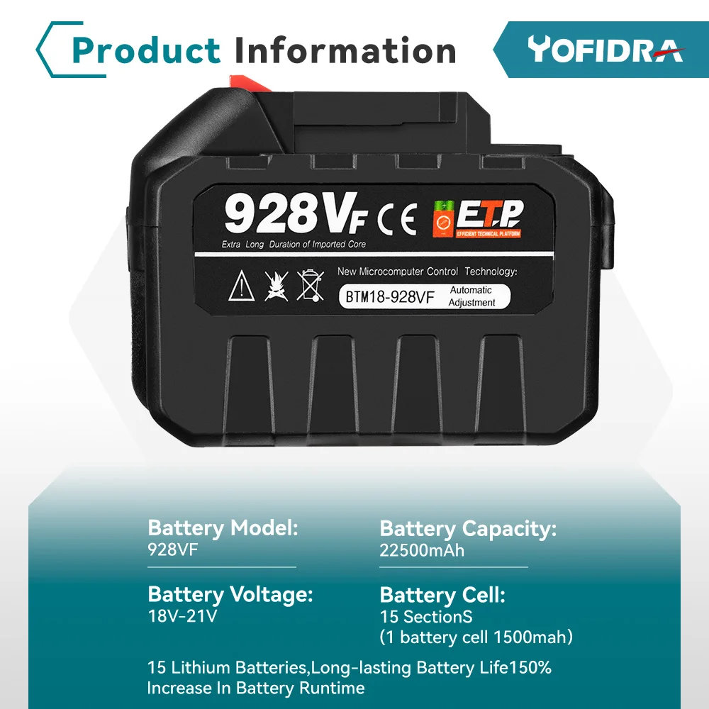 YOFIDRA 18–20 V wiederaufladbarer 22500 mAh 928 VF 388 VF 128 VF Plus Lithium-Ionen-Akku für 21 V 18 V Elektrowerkzeug-Ersatzakku