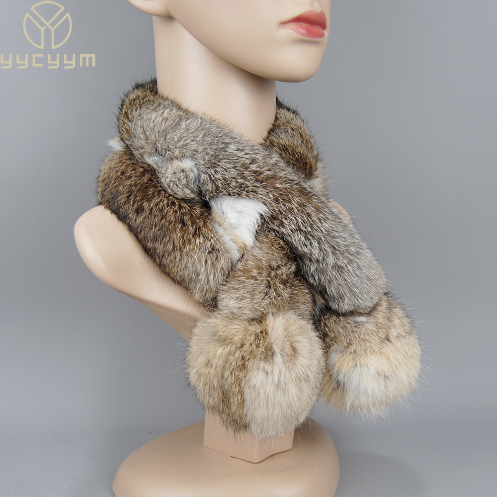 2025 nueva bufanda rusa de piel de conejo auténtica para mujer, bufanda de piel de conejo auténtica cálida para invierno, bufandas de piel Natural con pompones esponjosos