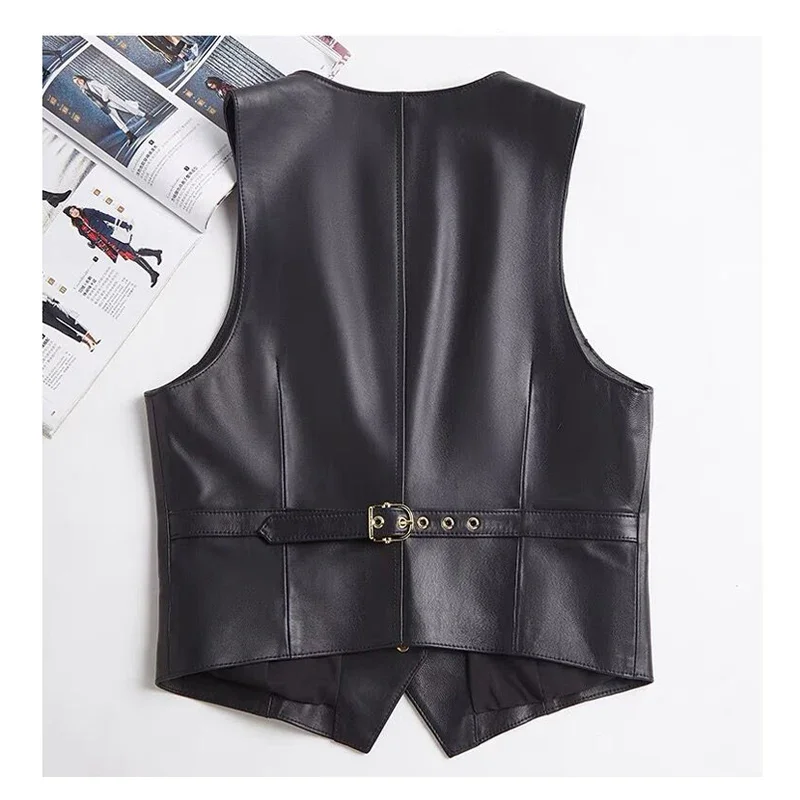 Chaleco de cuero genuino con cuello en V para Mujer, gabardina occidental, Tops con una botonadura, informal, fácil de combinar, otoño