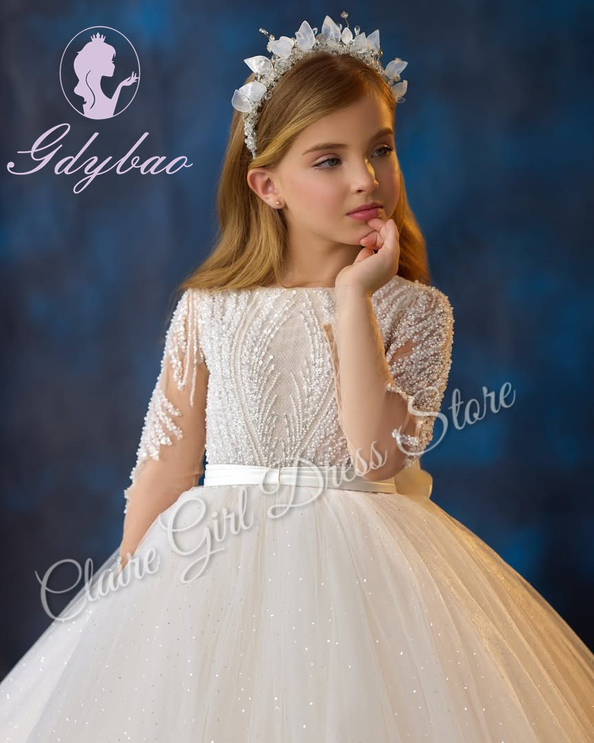 Customized Elegant Flower Girl Dresses For Wedding Sequins With Bow Puffy Princess Birthday Party First Communion Ball Gown