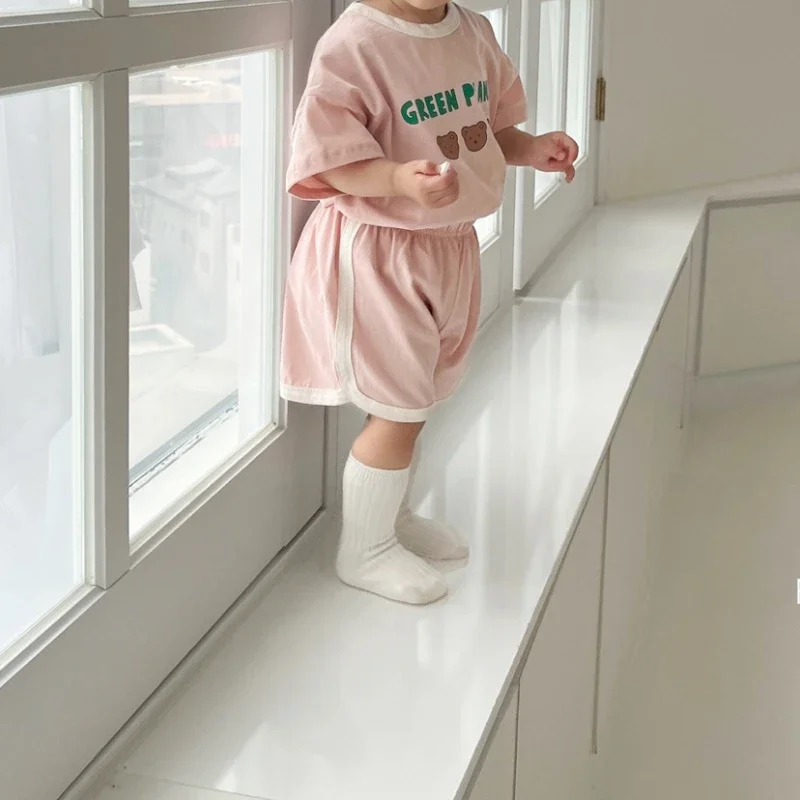 Chándales de verano para bebé, Camiseta de algodón con estampado de oso bonito + conjuntos de ropa deportiva informal corta para niño, conjunto de moda para bebés