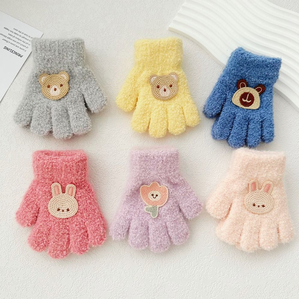 Guantes bonitos para bebé, manoplas con dedos completos de dibujos animados, guantes cálidos de otoño, manoplas de punto esponjosas de Color sólido, guantes gruesos con lazo para exteriores