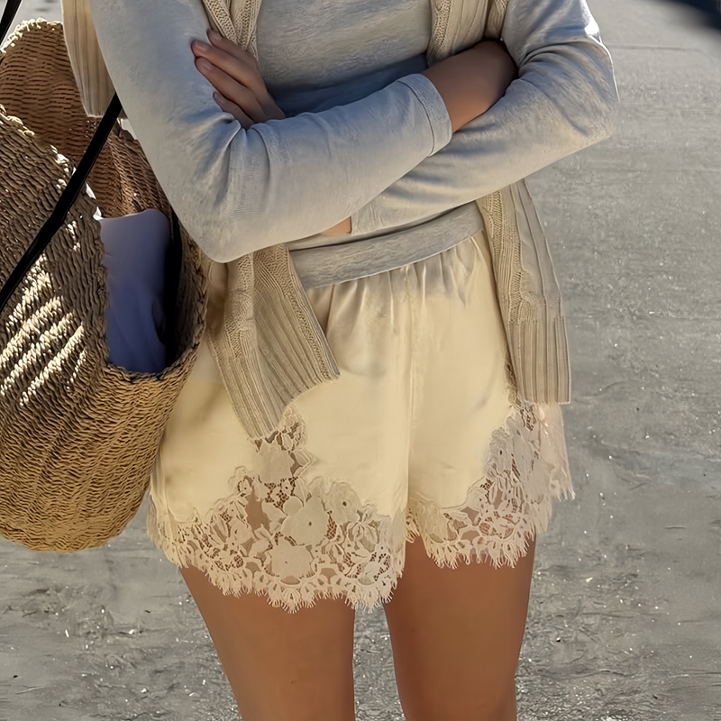 Short en Satin de soie et dentelle pour femmes, Patchwork, Vintage, taille haute, culotte de salon, confortable, doux, soyeux, bas de pyjama, short de sommeil élégant