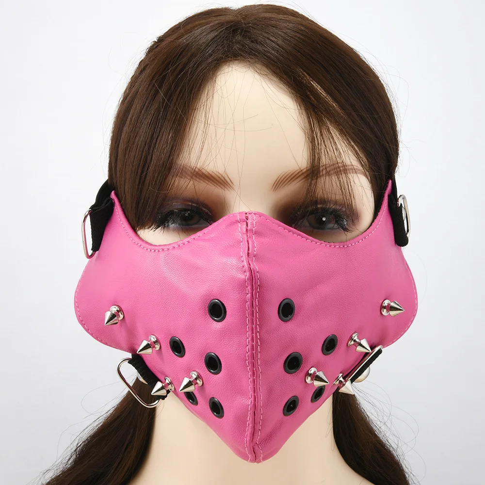 ผู้ชายผู้หญิงสีชมพู PU หนัง Rivet Rock Mask Lady's Breathable Party คอสเพลย์ฮาโลวีนปาก-muffle R1546
