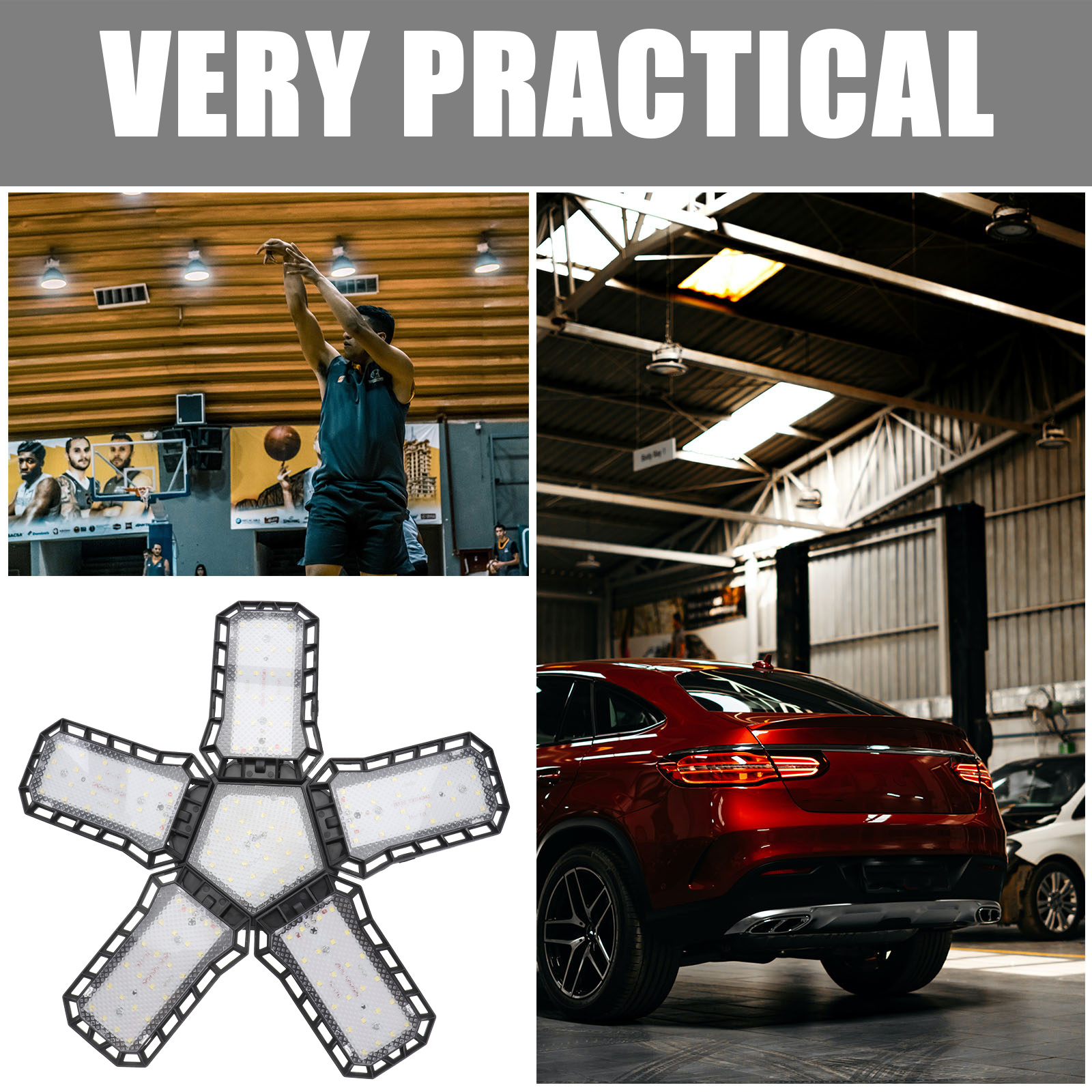 Plafonnier LED pliable et réglable pour Garage, cinq panneaux, éclairage de Garage lumineux et déformable pour entrepôt et usage industriel
