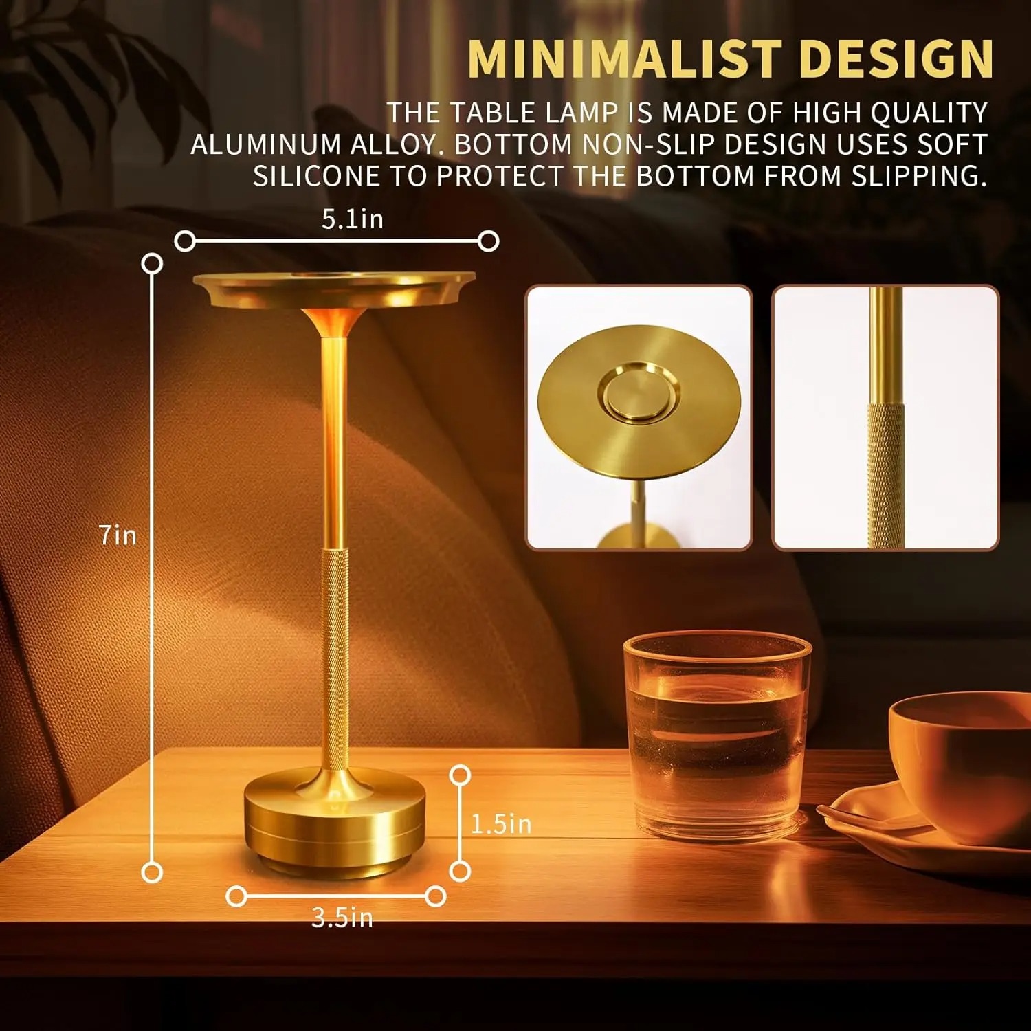 Lámpara LED de ambiente de aleación de aluminio, luz nocturna, atmósfera regulable infinita, lámpara de escritorio táctil recargable portátil Retro