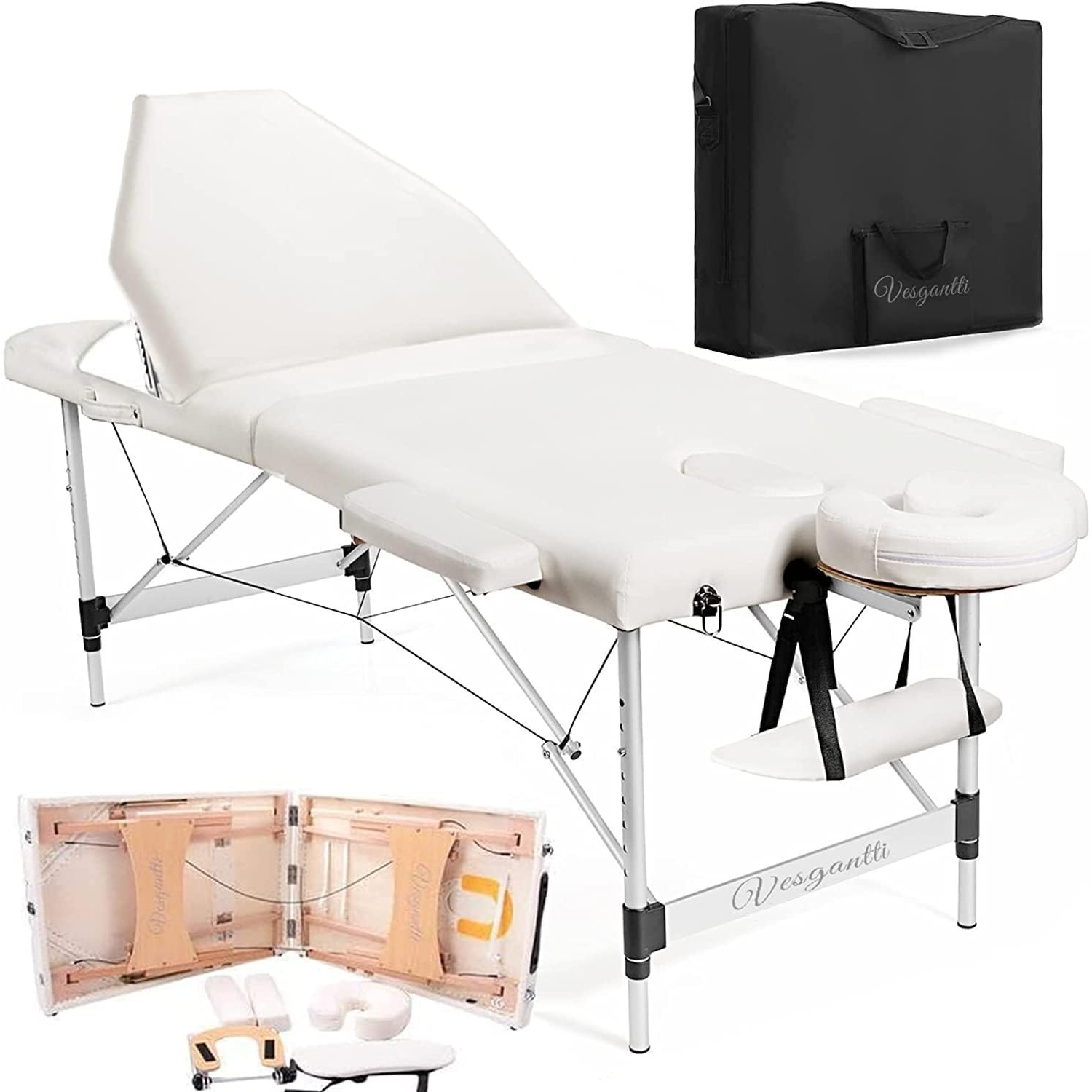 Portable Massage Bed Table -3-Section Aluminium Foldable Beauty Couch for Reiki Therapy Treatment Salon Healing - Metal Headrest