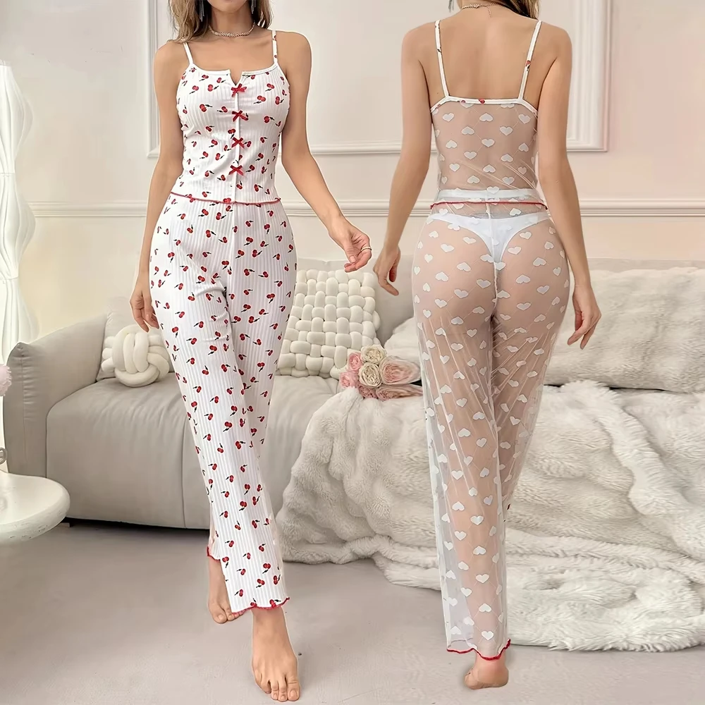 Conjunto de renda de malha transparente sexy feminino de 2 peças com alça impressa com nervuras top e calças roupas para casa conjunto de pijama