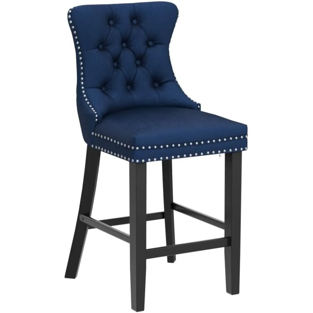 Modern Velvet Upholstered Bar Stools Set of 4 with Wood Legs, Button Tufted,Chrome Nailhead, Counterstool Seat, Armless