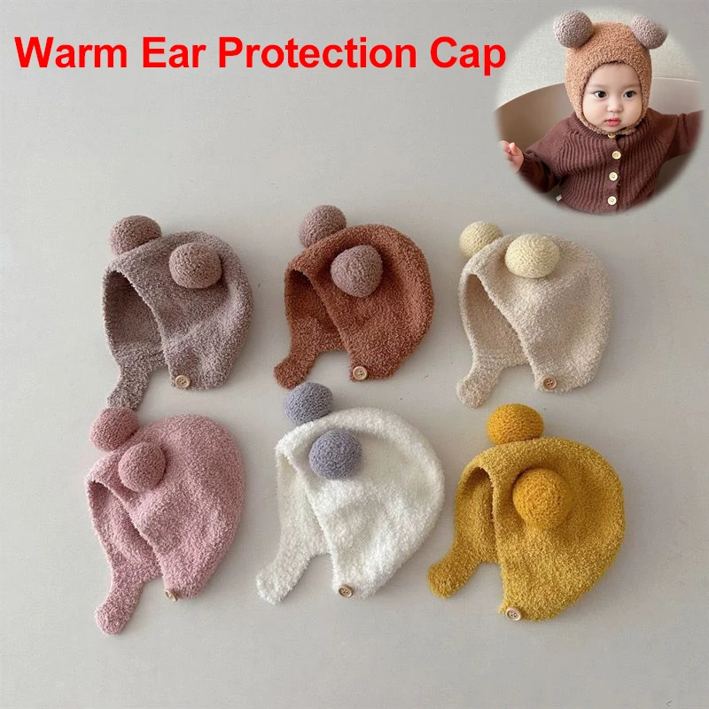 Leuke Winter Warm Kinderen Meisje Jongens Baby Hoeden Fleece Wol Zomen Caps met Bal Effen Wol Gehoorbescherming Hoeden Zachte Pasgeboren Motorkap