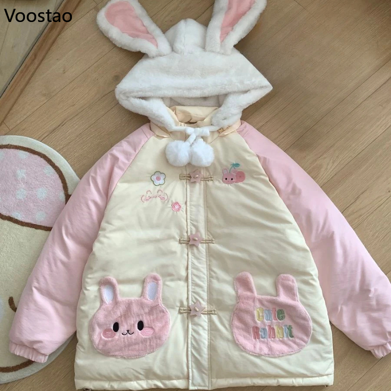 Kawaii Winter Cartoon Borduren Lolita Parka Vrouwen Y2k Schattige Beer Oren Capuchon Casual Ritsen Losse Harajuku Gewatteerde Jas