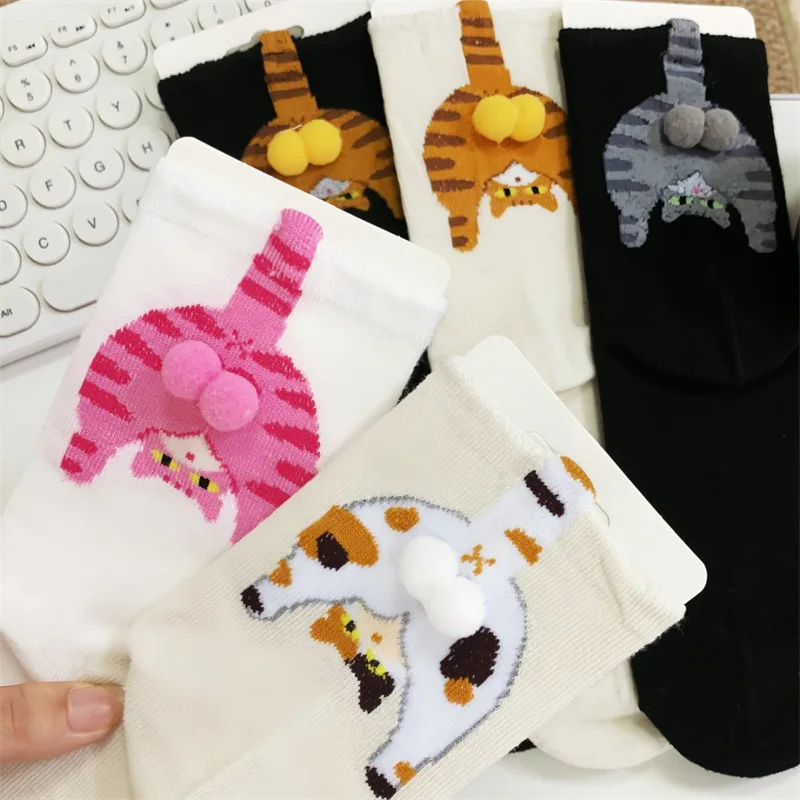 Cartoon Cat and Dingdong Egg Pattern  Maternity Couple Socks for Spring and Summer Medium-Cut Daily Wear Ins Style Women’s Socks