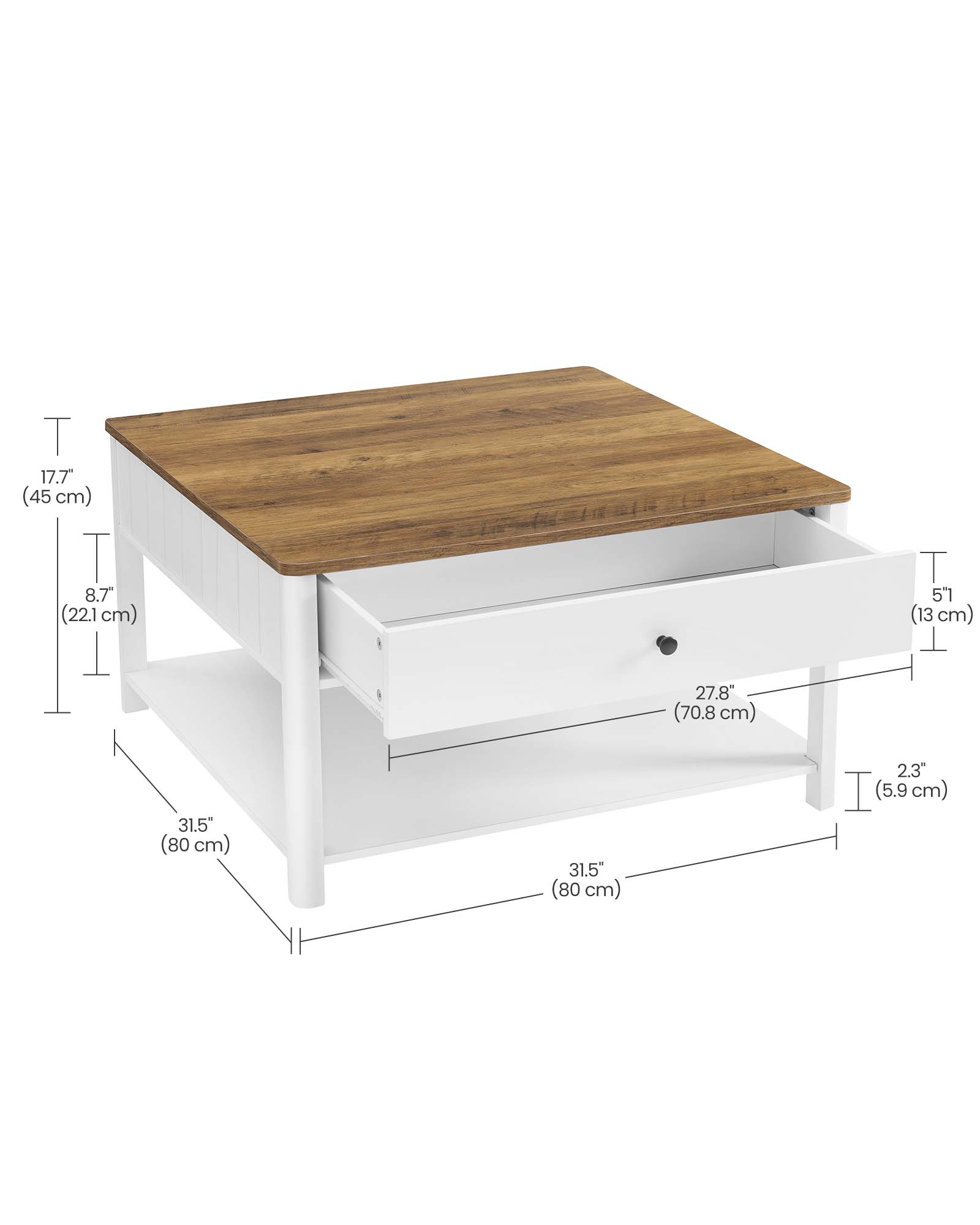 VASAGLE Table Basse, Table de Salon, Table d’Appoint, 2 Grands Tiroirs, avec Pieds, Grand Espace de Rangement, Style Marin, 80 x 80 x 45 cm, pour Salon
