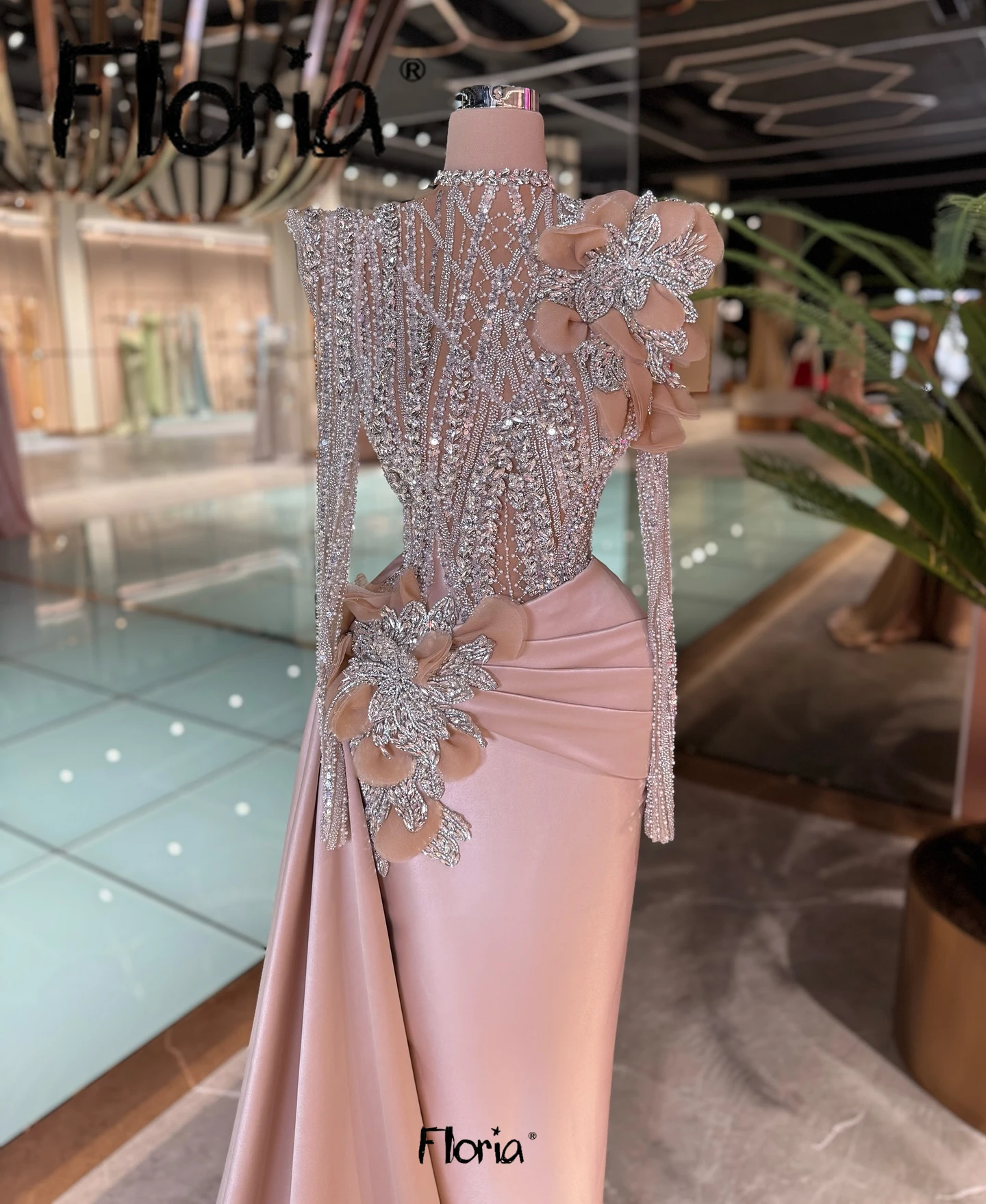 Rosa Champagner Hochzeit Party Kleider Langarm Perlen Spitze Sparkly Prom Promi Kleid Nahen Osten Stil Dubai Angepasst