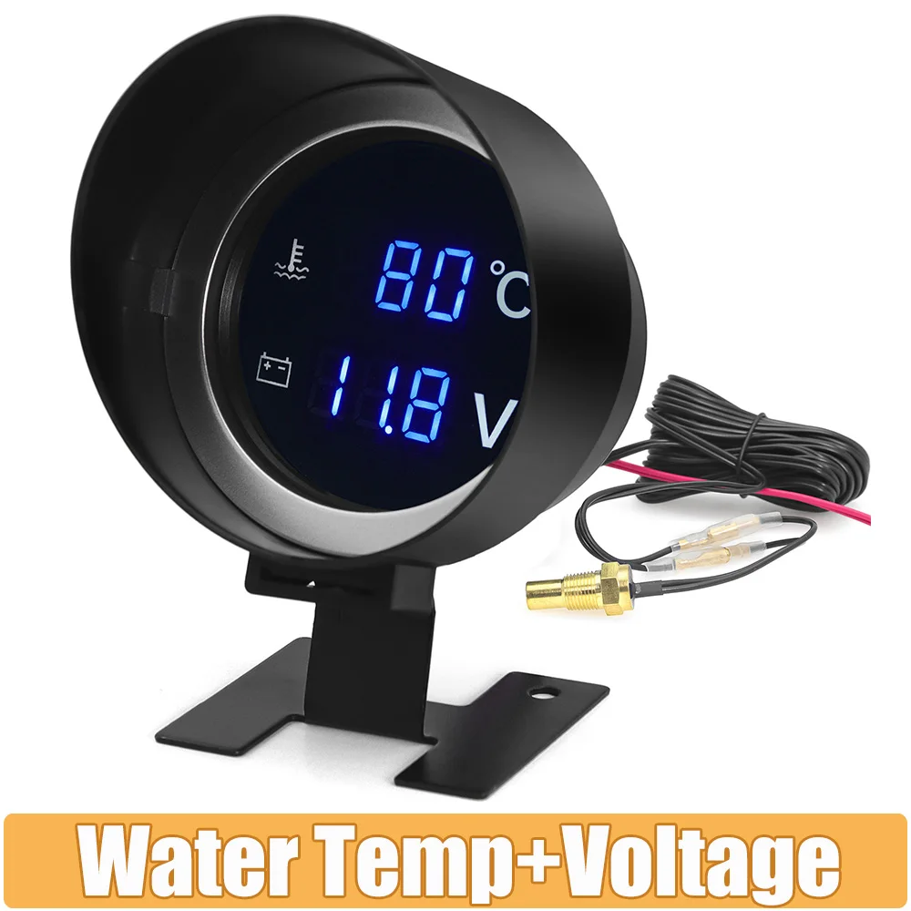 2 w 1 Okrągły cyfrowy wskaźnik temperatury wody LED Woltomierz Volt Miernik napięcia Temperatura Moto Do czujnika temperatury samochodu ciężarowego 12V24V