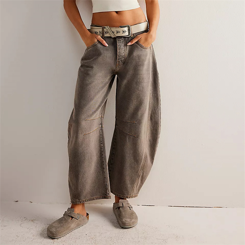 Midiross 高ストレッチミッドライズバレルジーンズファッションワイドレッグシェイプ女性カジュアルだぶだぶミッドウエストデニムジーンズ