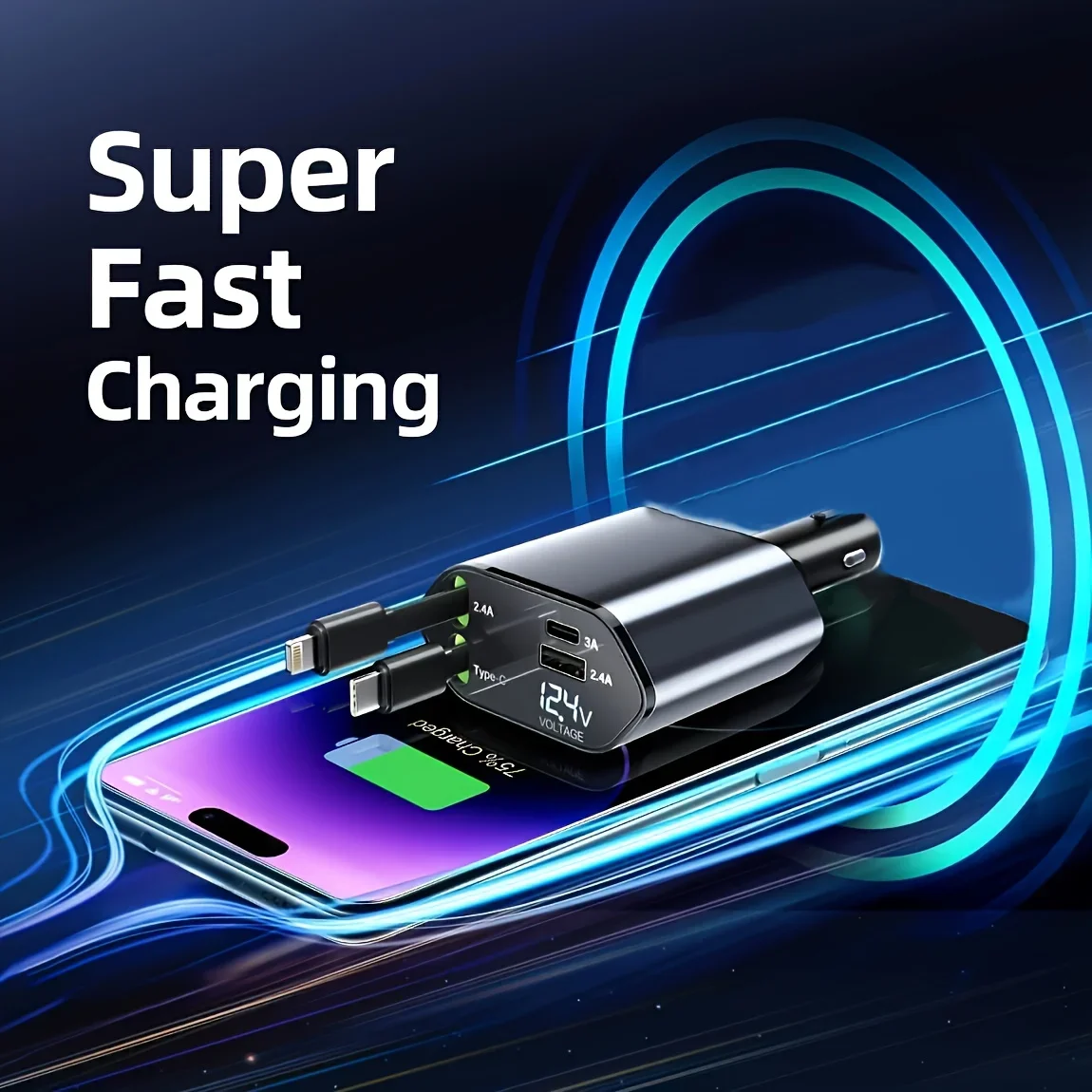 120W 格納式車の充電器 4 in 1 USB C 急速充電車のシガーライター充電アダプター iPhone Xiaomi Huawei Samsung用