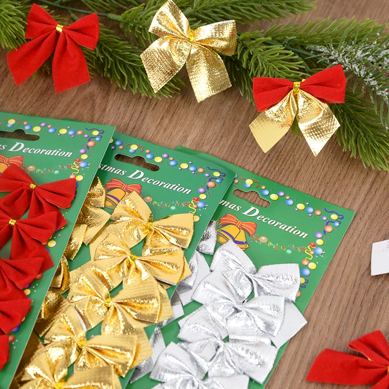 12/24pcs คริสต์มาสโบว์สีแดงทอง MINI Xmas Tree Bowknot จี้เครื่องประดับสําหรับตกแต่งบ้าน Navidad ปีใหม่ DIY ของขวัญ