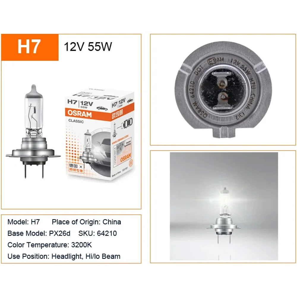 OSRAM-Lampes halogènes de voiture d'origine, lumière de sauna, antibrouillard jaune standard, éclairage intérieur automatique, H7, H1, H8, H4, 12V, 55W, 3200K, 64210