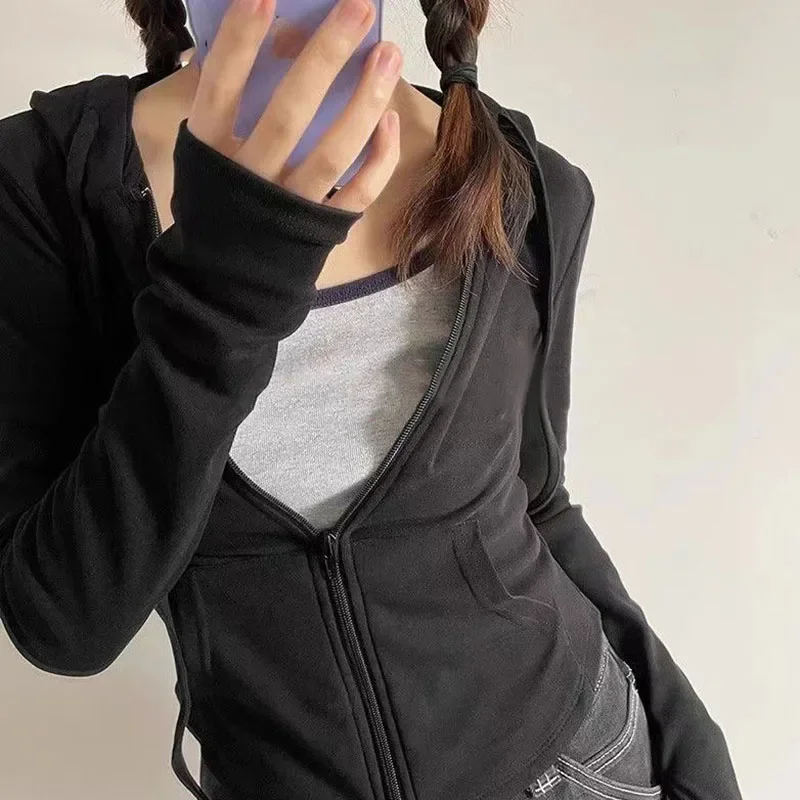 Xpqbb vintage zip up recortado hoodies feminino cor sólida y2k manga longa com capuz jaqueta mulher estilo coreano magro streetwear com capuz