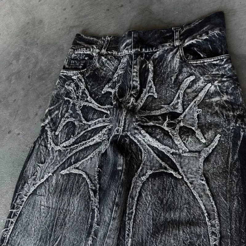 ゴシックレトロ特大だぶだぶフィットユニセックスモップパンツ Y2K ファントムジーンズハイストリートスパイダー刺繍パッチヒップホップストリート
