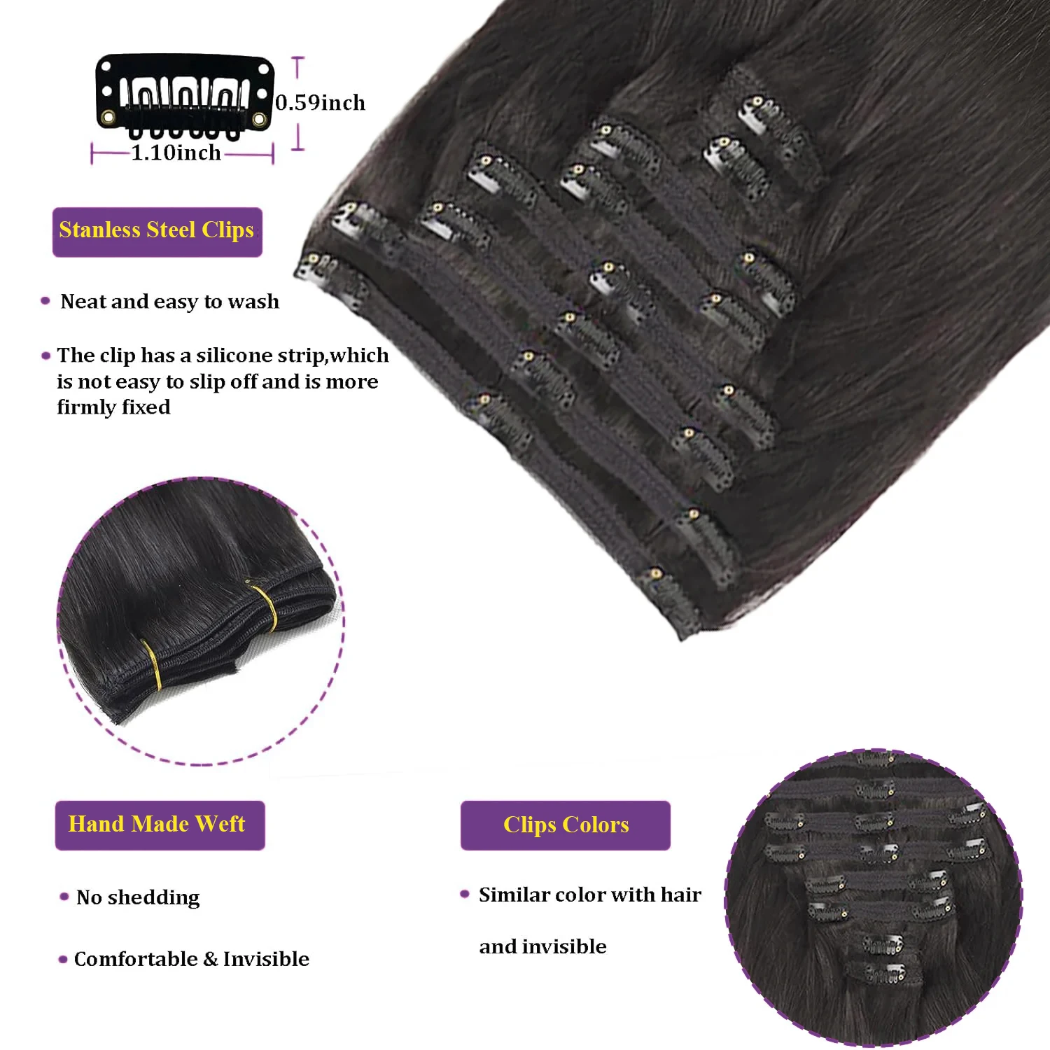 Grampo em extensões de cabelo humano em linha reta cor natural 100% não processado cabeça cheia cabelo virgem brasileiro clipe sem emenda na extensão