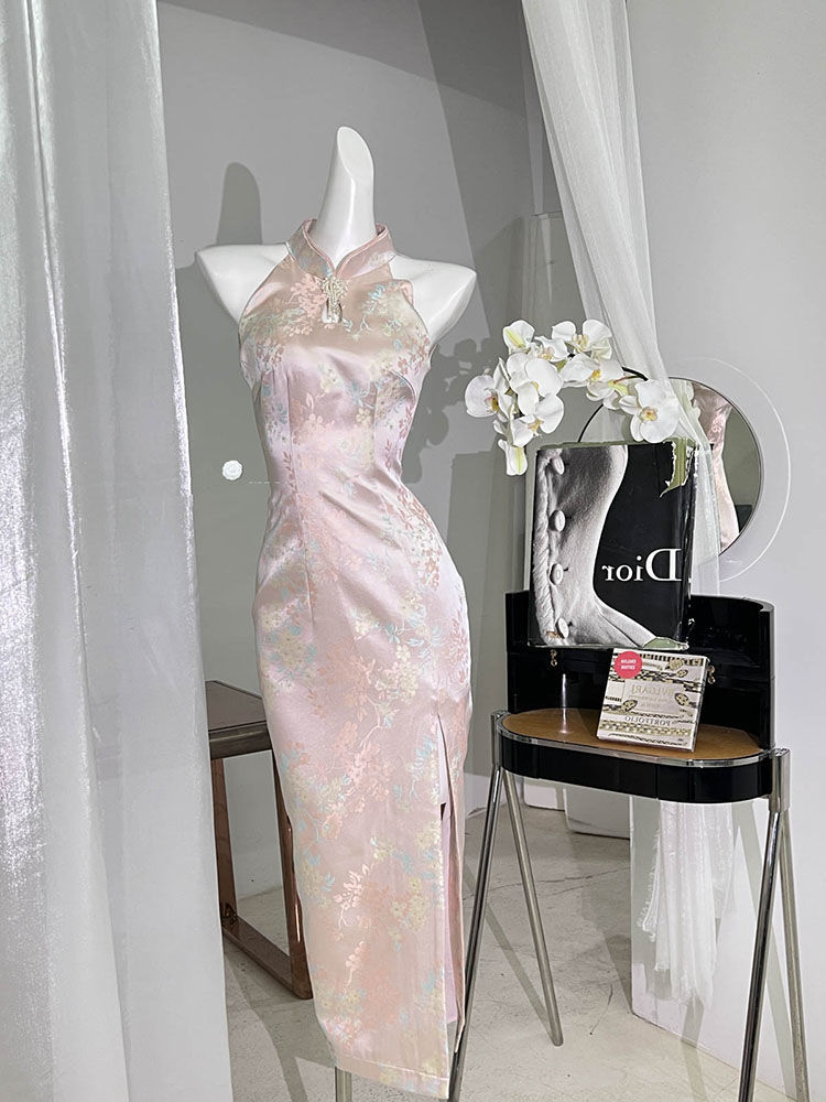 레트로 치파오 슬릿 섹시한 중국 스타일 핑크 Qipao 드레스 여성 우아한 데일리 드레스 의상