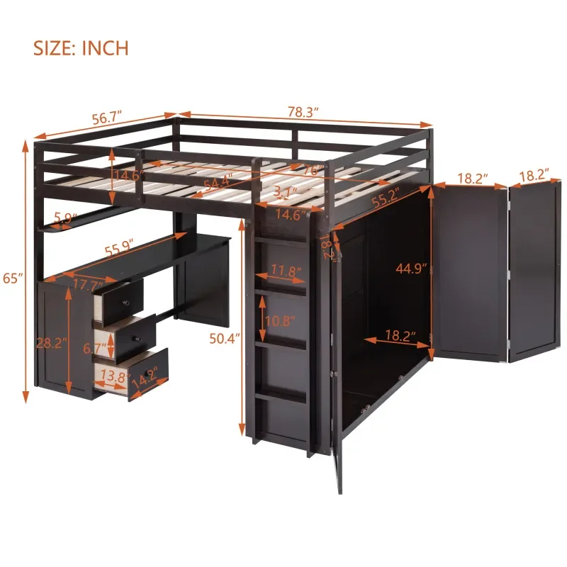 Full Size Loft Bed com gavetas, mesa, armário, adequado para quarto das crianças, quarto de hóspedes