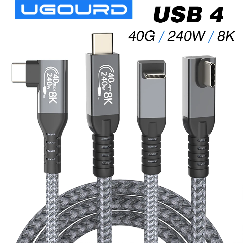 Thunderbolt USB 4 Cable de ángulo de 90 grados 40Gbps USB4 codo tipo C Thunderbolt3 4 Cable de transferencia de datos USB C PD240W carga rápida