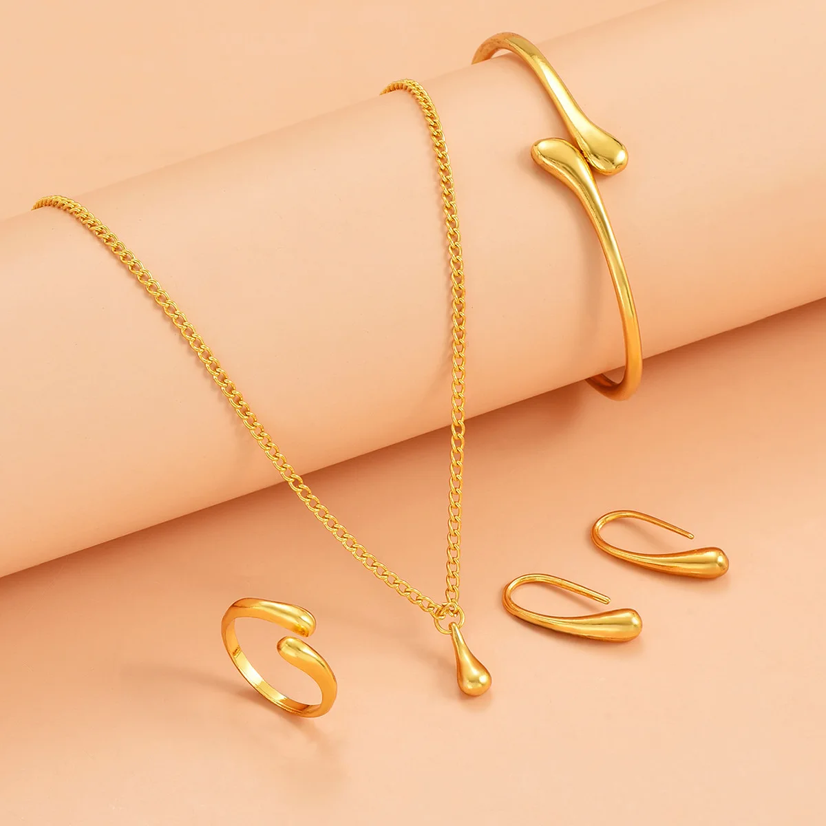 5-teiliges Set mit gebogenen Bohnen-Wassertropfen-Ohrringen für Damen, Halskette, Armband, Ring, Hochzeit, Bankett, Party, Urlaub, Geschenke-8127