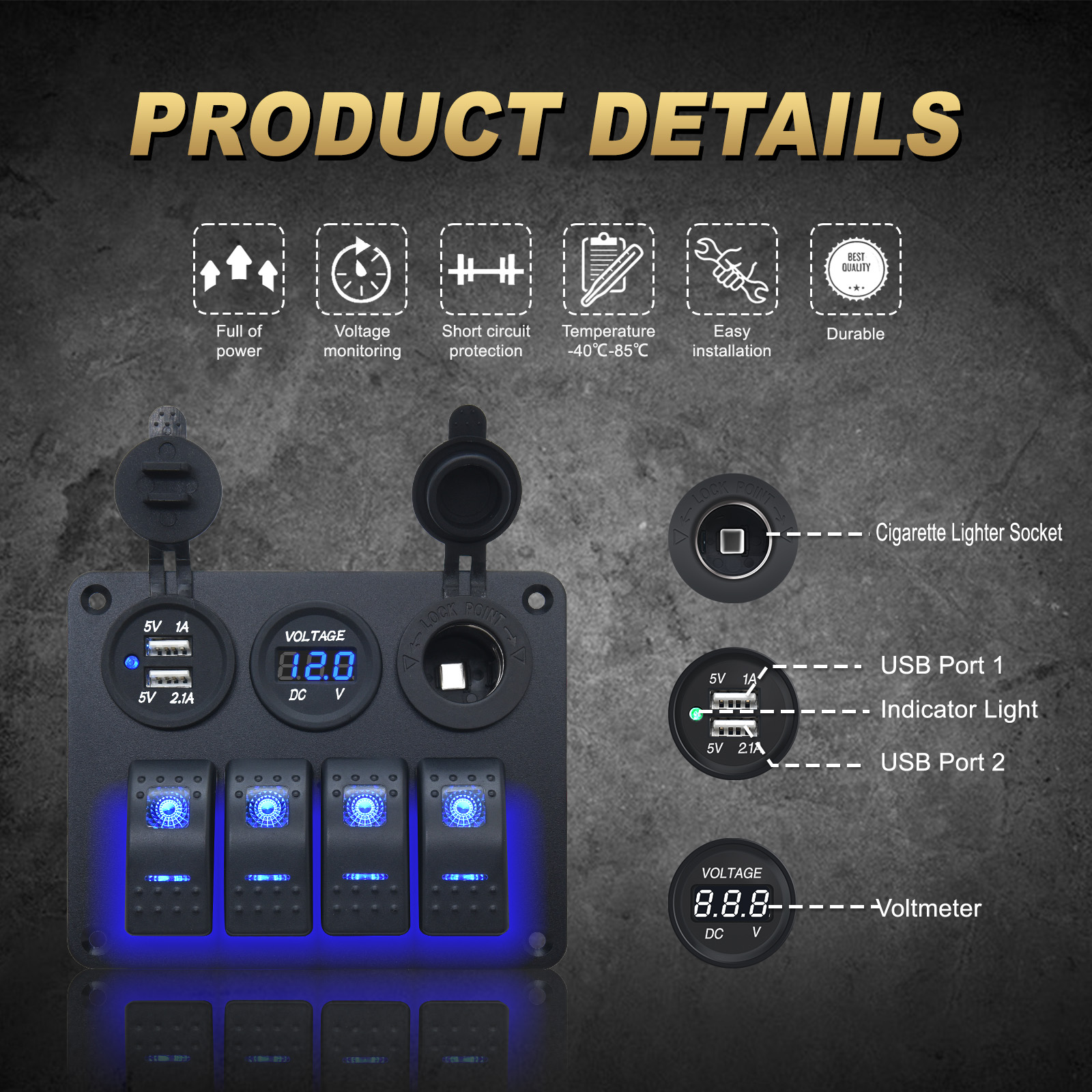 4 ボタンロッカースイッチパネル電圧計 USB 充電器 3.0 ライトトグル 12V 24V アクセサリーボートマリンカー RV キャンピングカーキャラバン用