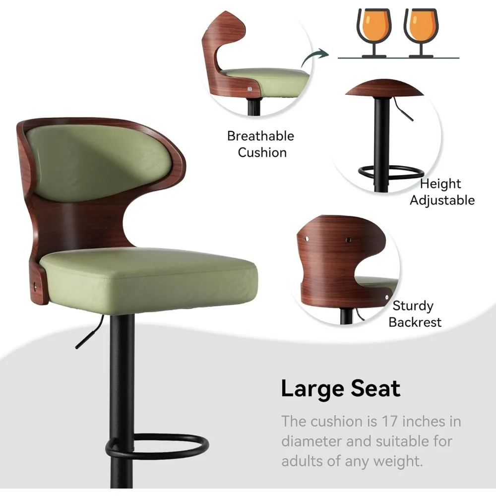 Bar Stools Set of 2 Seat Adjustable Height 24.5-33.5IN - Bentwood Swivel Barstools with Back & Footrest - PU Leather Upholstered
