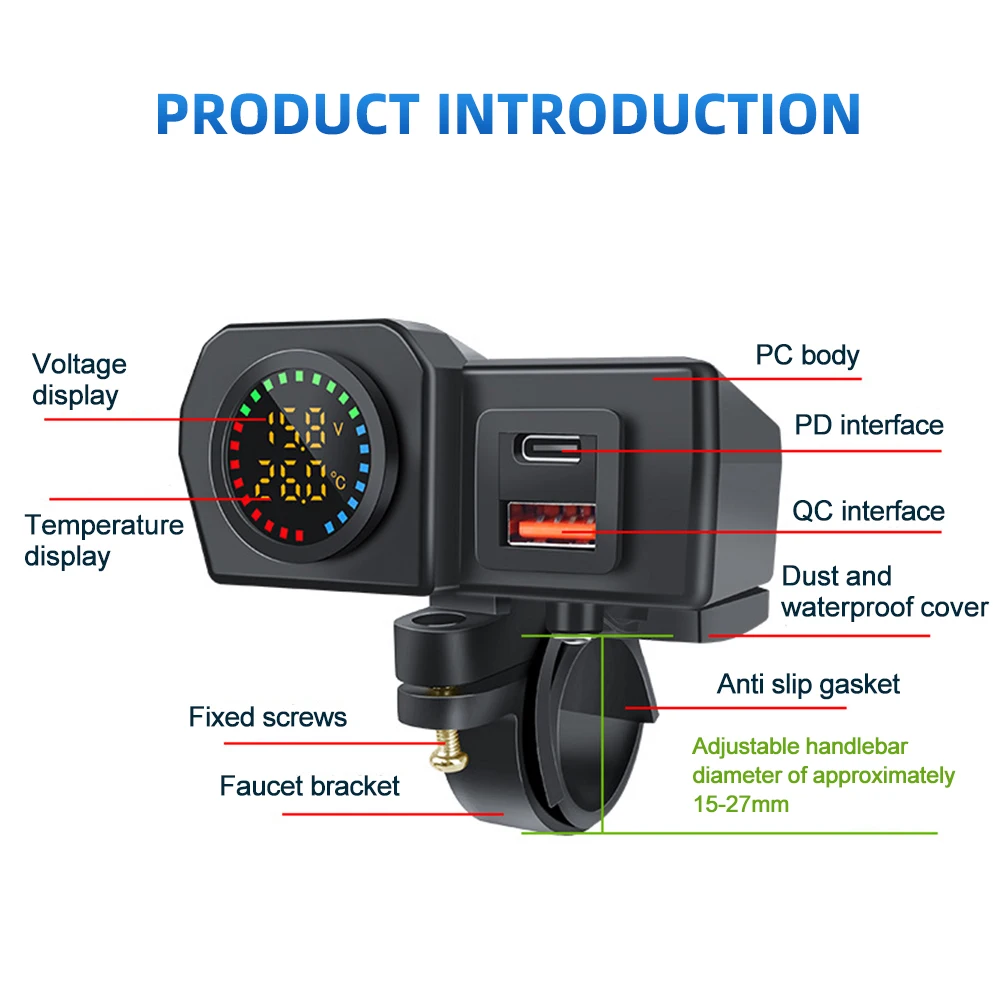 Enchufe de cargador PD QC3.0 para motocicleta de 60W, USB tipo C, carga rápida, enchufe de cargador para motocicleta, voltímetro, termómetro, pantalla Digital