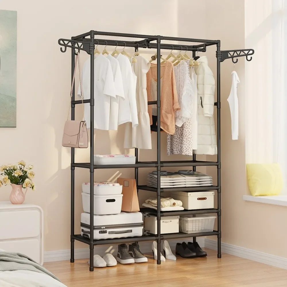 Double-Row Coat Rack Floor For Clothes And Shoes Household Storage Shelf Clothes Hanger Simple Assembly Large Wardrobe Hangers