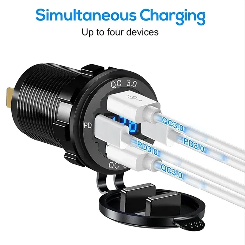 NEW 117W Dual PD Dual QC 3.0 USB Car Charger with Voltmeter Socket Power Outlet Adapter Waterproof for 12V/24V Car Boat Hot Sale